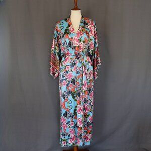 Natori XS Floral Long Robe Charmeuse Blue Pink Orange